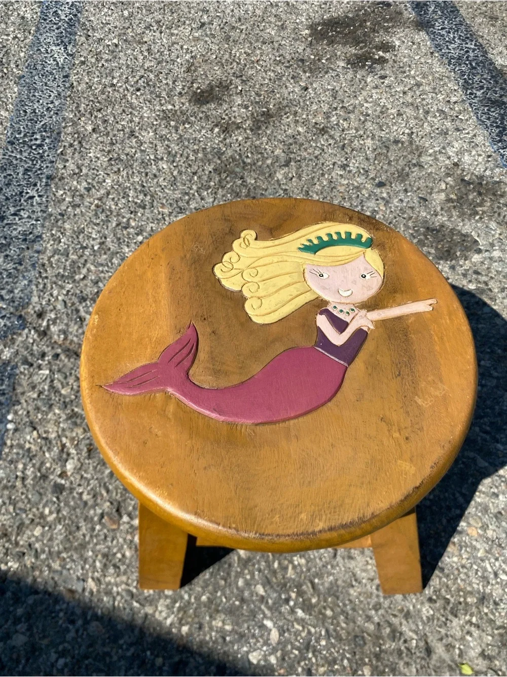 Kids Hand-Painted Mermaid Wooden Stool - Natural Brown bedroom home decor